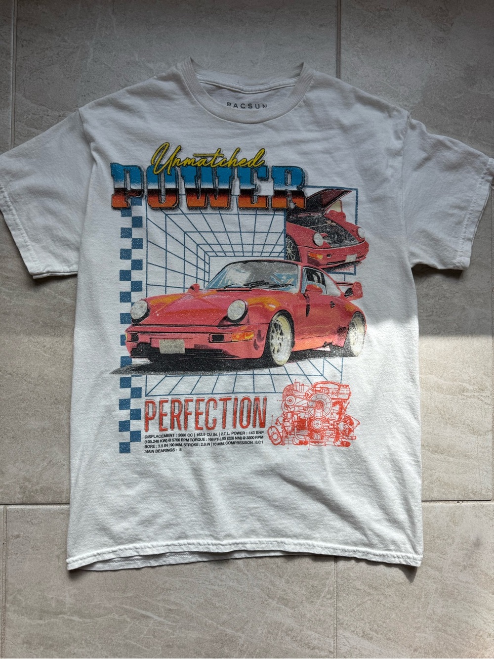 PacSun White Graphic Tee with Red Car and Blue Accents
